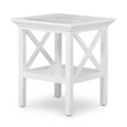 White Hamptons side table with glass top, cross-frame detailing and lower shelf storage viewed from an angle
