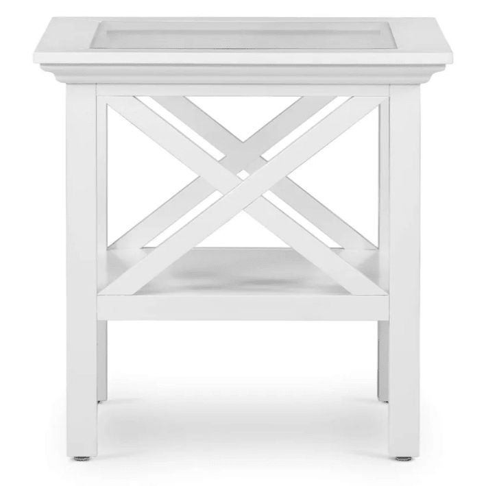 Alt Text:
Harbour Side Table White with glass top, Hamptons cross-detail sides and lower display shelf
