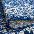 Folded Harley Navy Rug displaying flexible construction, stitched edge and durable backing.