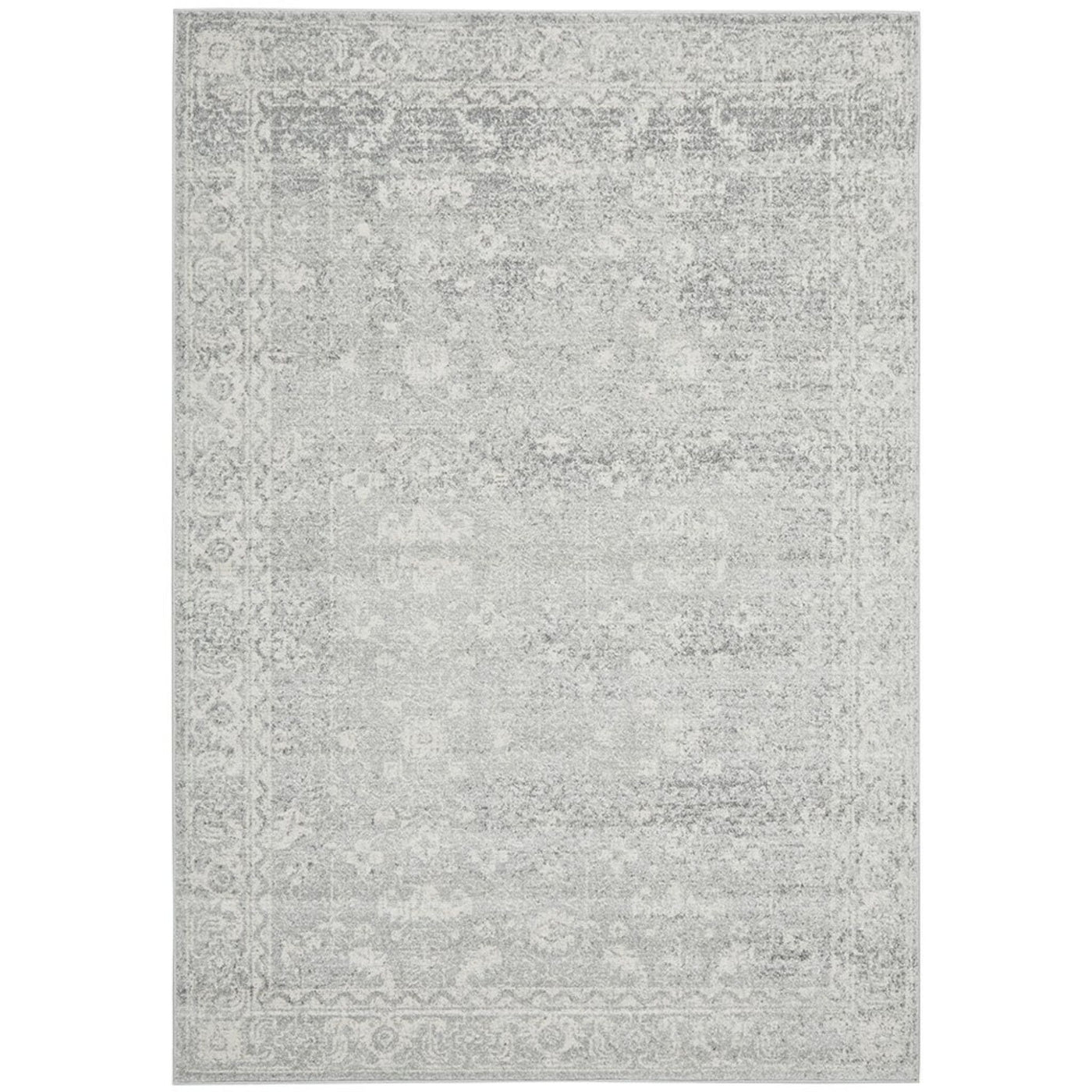 Harley Silver Rug with softly distressed silver grey and ivory traditional pattern