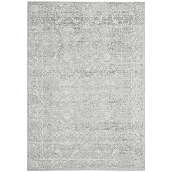 Harley Silver Rug with softly distressed silver grey and ivory traditional pattern