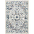 Harley White Rug featuring a distressed floral design in ivory, charcoal, grey, and ocean blue tones