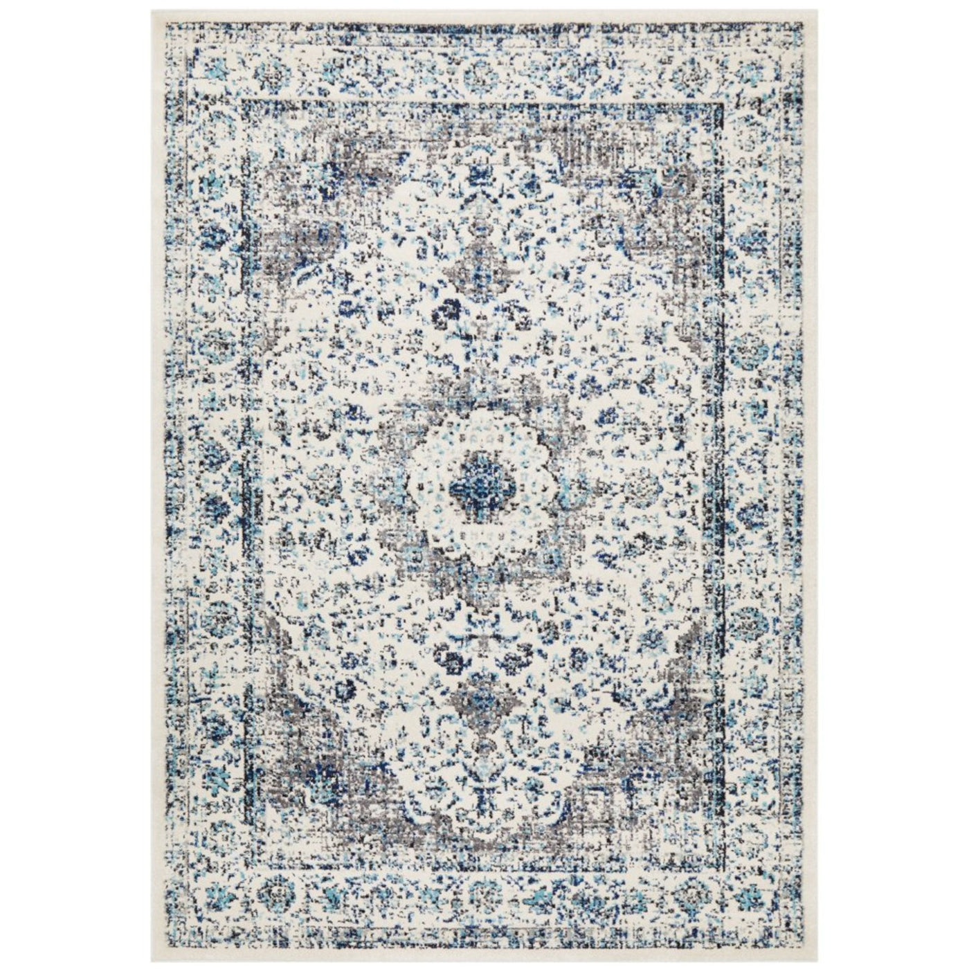 Harley White Rug featuring a distressed floral design in ivory, charcoal, grey, and ocean blue tones