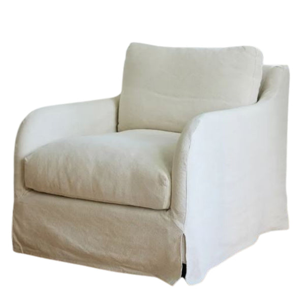 Angled view of the Hastings Armchair in soft natural linen blend upholstery