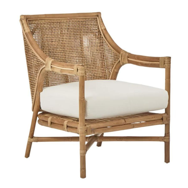 Havana rattan occasional chair with plush cream cushion in coastal Hamptons style