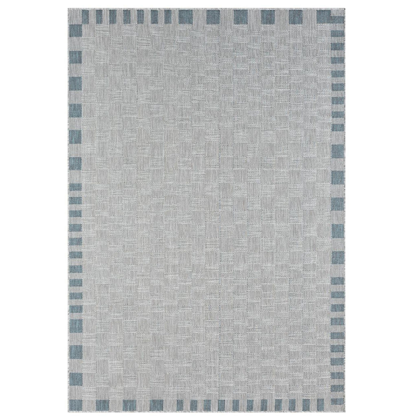 Haven Blue Outdoor Rug in soft grey with coastal blue border and textured flat-weave design