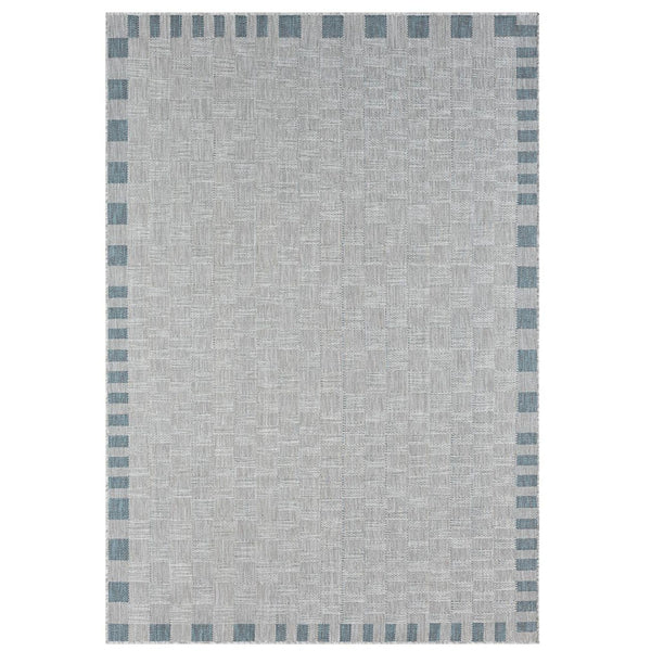 Haven Blue Outdoor Rug in soft grey with coastal blue border and textured flat-weave design
