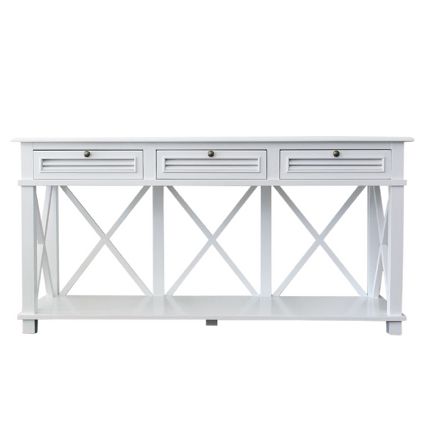 Haven Console 3 Drawer White with shaker-style design and lower shelf.