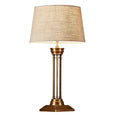 Hudson Table Lamp Base Brass styled with a Large Dark Natural Linen Drum Lamp Shade, featuring a timeless solid brass Art Deco inspired design.