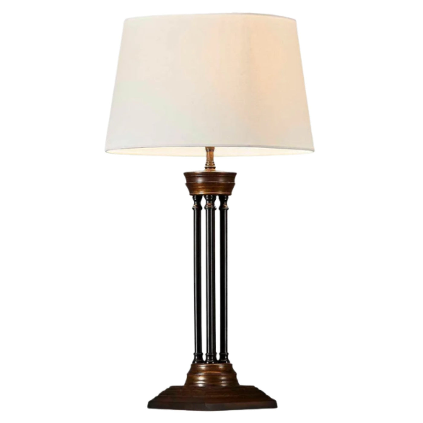Hudson Table Lamp Base Bronze styled with a Medium Dark Natural Linen Drum Lamp Shade, featuring an Art Deco inspired bronze base and warm linen shade for timeless living room or bedroom lighting.