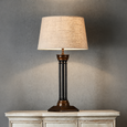 Hudson Table Lamp Base Bronze with Medium Dark Natural Linen Drum Lamp Shade styled on a classic console table, creating warm ambient lighting with timeless Art Deco elegance.