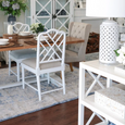 Hunter Ocean Rug styled in a bright Hamptons dining room with white furniture and coastal blue accents