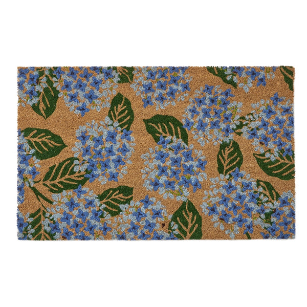 Hydrangea Blue Coir Doormat 50 x 80cm with blue hydrangea flowers, green leaves and natural coir background.