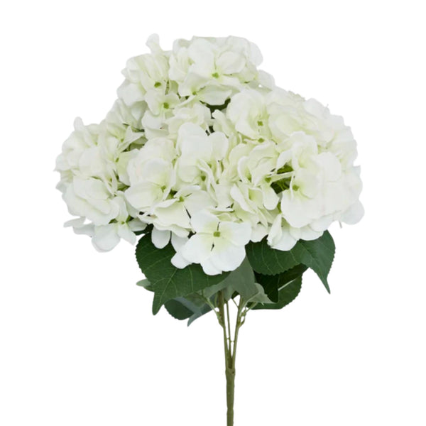 Realistic white hydrangea bundle with lush green leaves and soft full blooms for timeless coastal home styling.