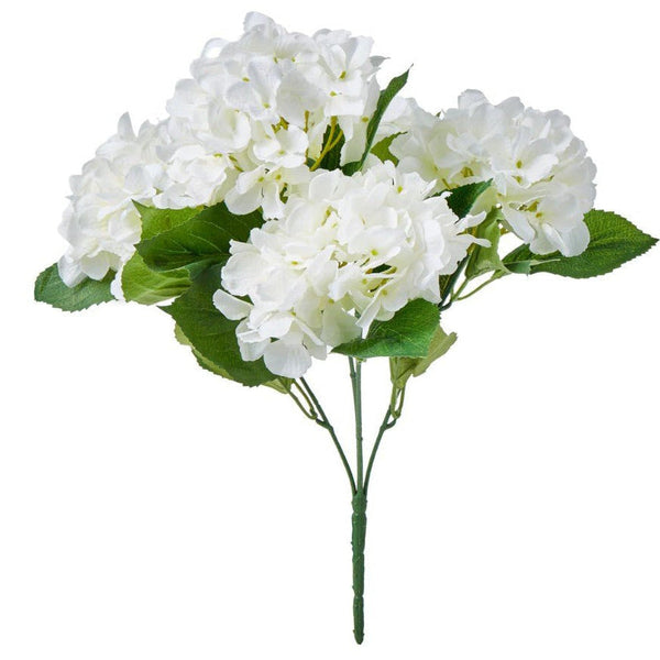 Hydrangea Bush White 45cm faux floral arrangement with realistic white hydrangea blooms and green foliage.