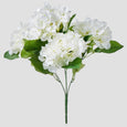 Hydrangea Bush White 45cm faux floral arrangement with realistic white hydrangea blooms and green foliage on a grey background 