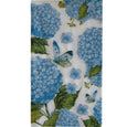 Hydrangea Garden Lunch Napkin featuring blue hydrangea blooms, delicate blue butterflies and green foliage on a crisp white background.