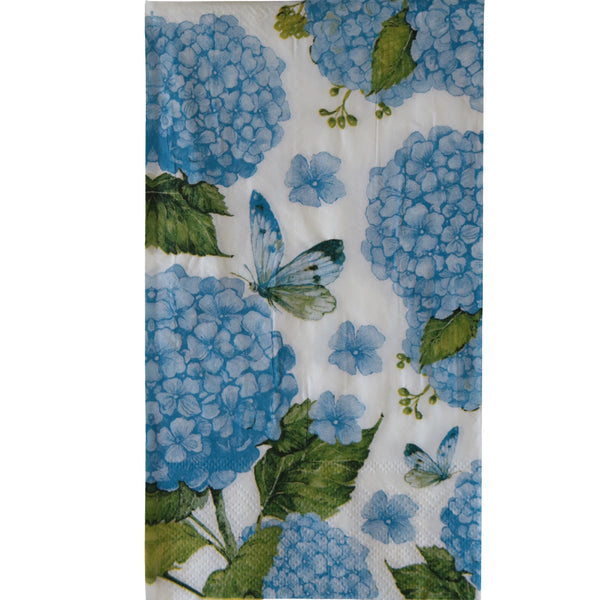 Hydrangea Garden Lunch Napkin featuring blue hydrangea blooms, delicate blue butterflies and green foliage on a crisp white background.