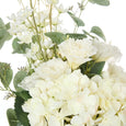 Close-up of realistic white hydrangea blooms with layered petals and soft greenery in an artificial floral bouquet.