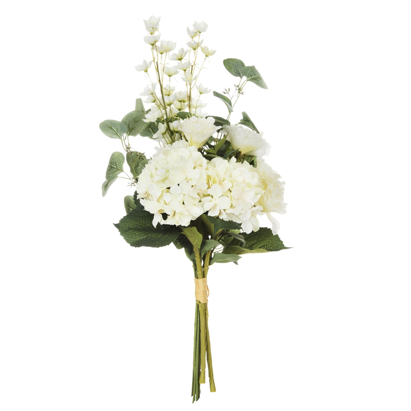 Artificial white hydrangea mixed bouquet with eucalyptus foliage and delicate floral stems in a Hamptons coastal style.