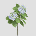 Realistic blue faux hydrangea stem with two large flower heads and natural green leaves for floral arrangements.