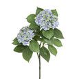 Hydrangea with Leaves 90cm Blue artificial floral stem featuring realistic blue hydrangea blooms and lush green foliage.