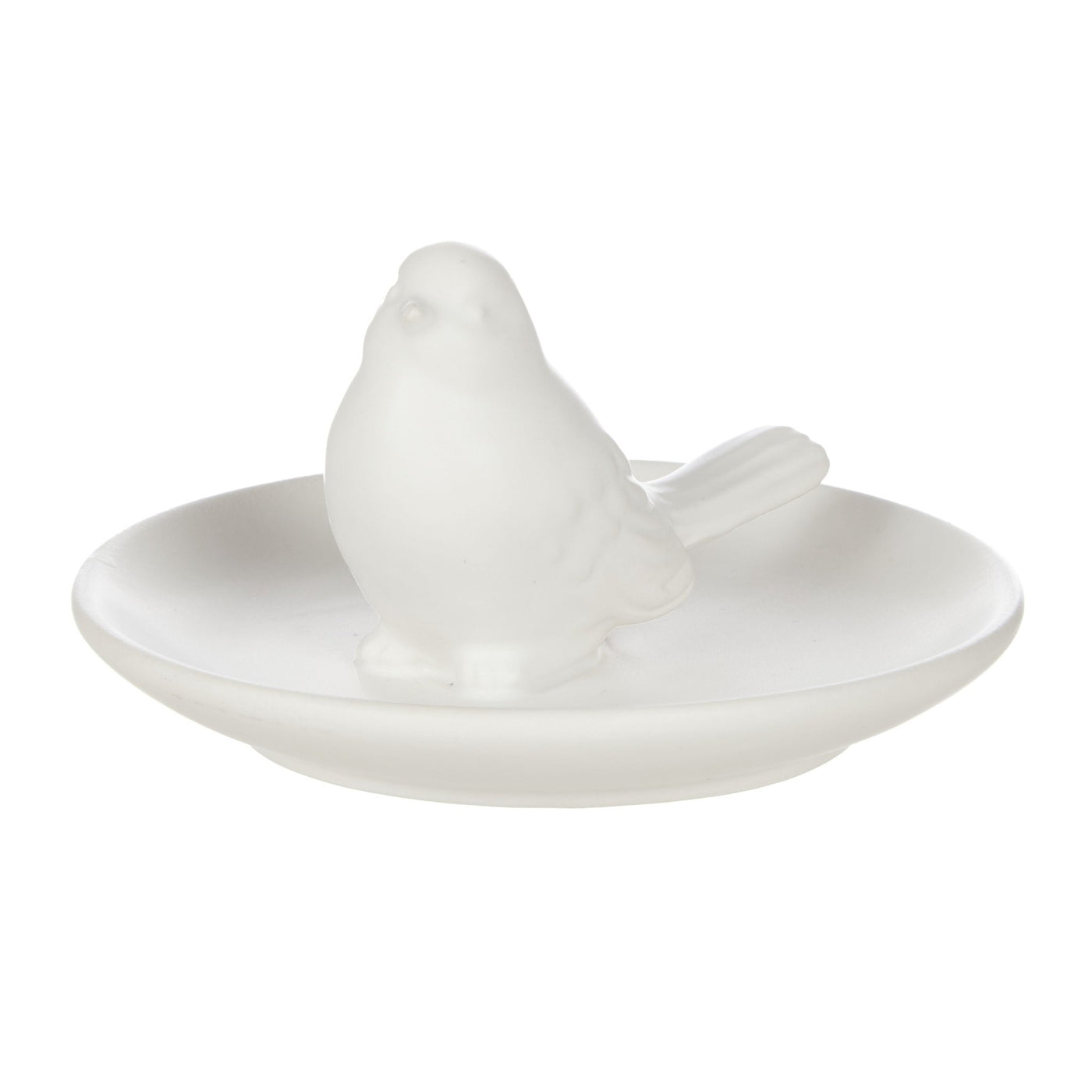 Side view of white ceramic bird sculpture dish with soft minimalist coastal design and decorative trinket tray.