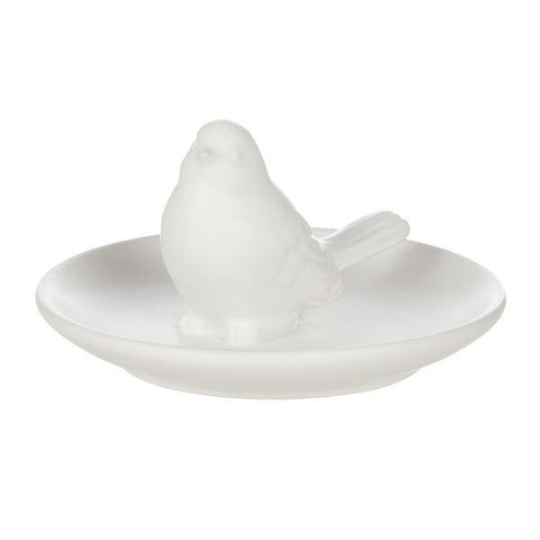 Side view of white ceramic bird sculpture dish with soft minimalist coastal design and decorative trinket tray.