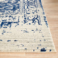 Edge detail of Isla White Navy Rug showing distressed navy pattern and soft low-pile finish