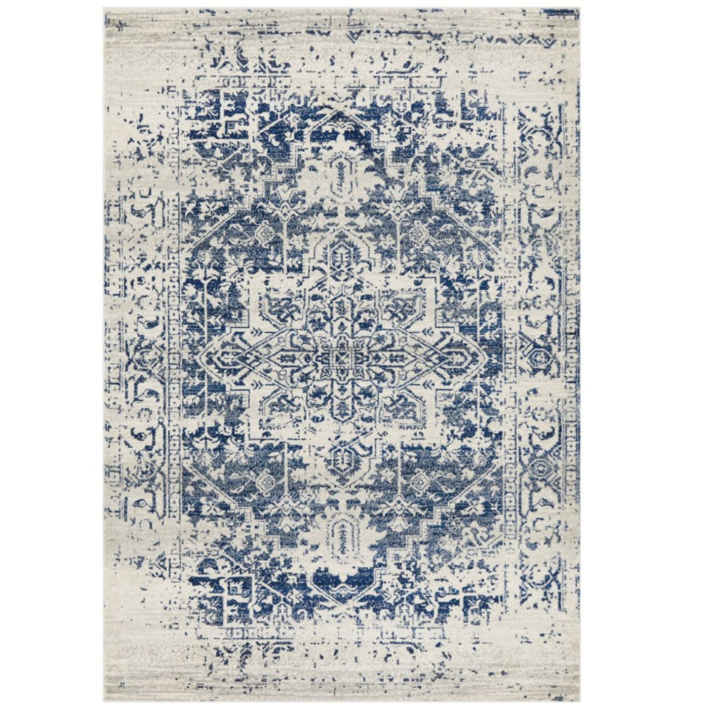 Isla White Navy Rug featuring distressed medallion pattern in navy blue and ivory tones
