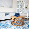 Isla White Navy Rug styled in a Hamptons living room with coastal blue décor and timber coffee table