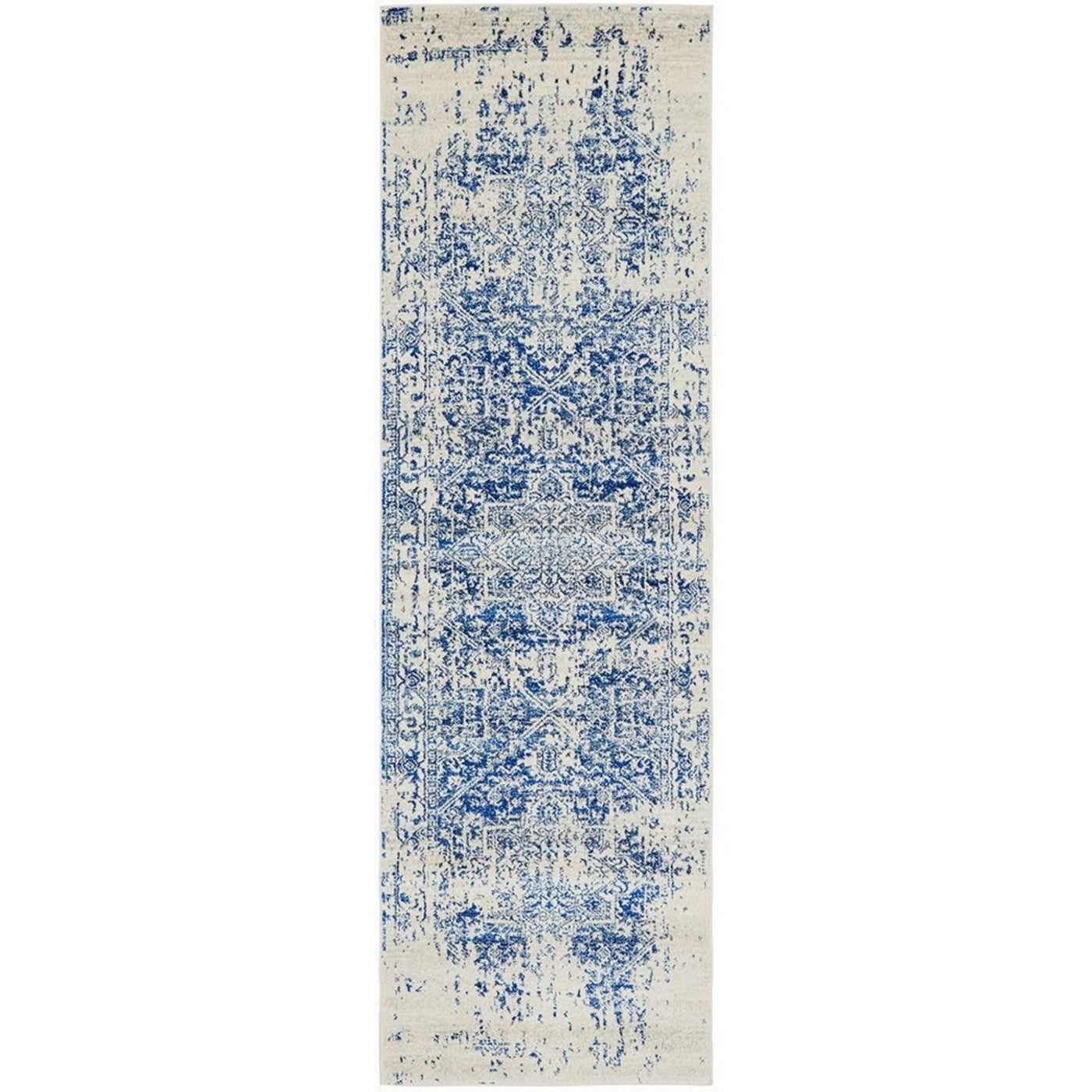 Isla White and Navy Runner in 400cm and 500cm lengths with distressed medallion pattern