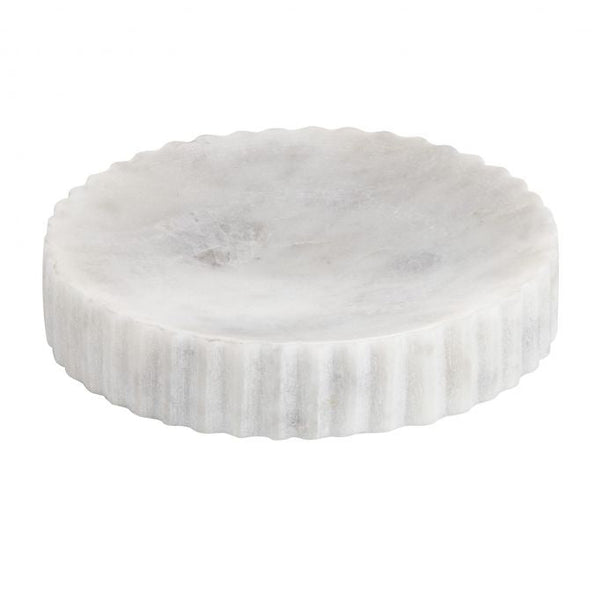 White marble soap dish with ribbed detailing and minimalist coastal-inspired design.