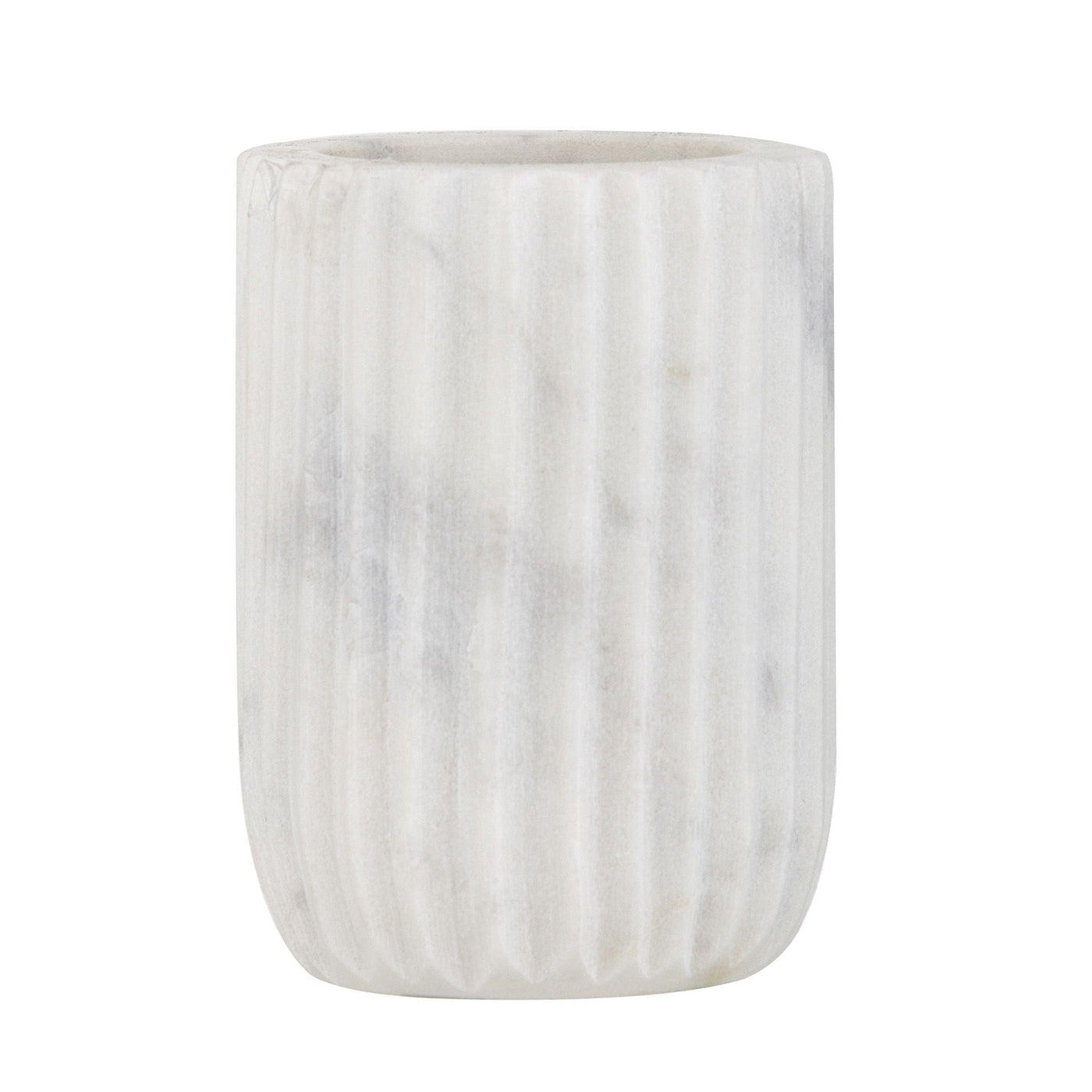 White marble bathroom tumbler with ribbed detailing and elegant coastal-inspired styling.