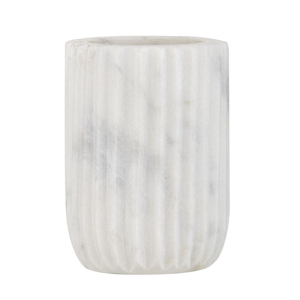 White marble bathroom tumbler with ribbed detailing and elegant coastal-inspired styling.