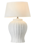 Ivory ceramic table lamp with trellis pattern front view showing textured glaze detail
Image 2