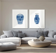 Kaolin II Designer Boys blue and white porcelain artwork styled in a contemporary coastal living room with Kaolin V artwork.