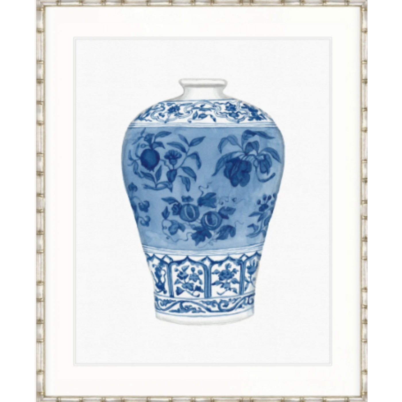 Designer Boys Kaolin II framed artwork featuring a blue and white porcelain vase in a classic chinoiserie style.