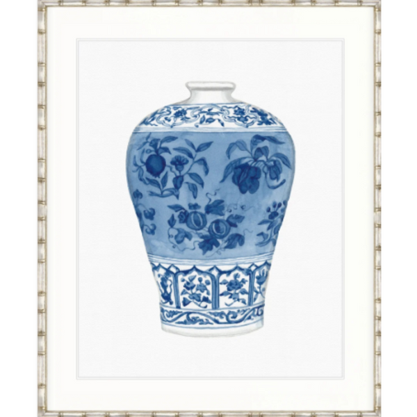 Designer Boys Kaolin II framed artwork featuring a blue and white porcelain vase in a classic chinoiserie style.