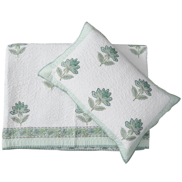 Kaya Hand Block Print Cotton Bedspread Set with quilted seafoam botanical pattern and matching pillow shams for Queen and King beds.