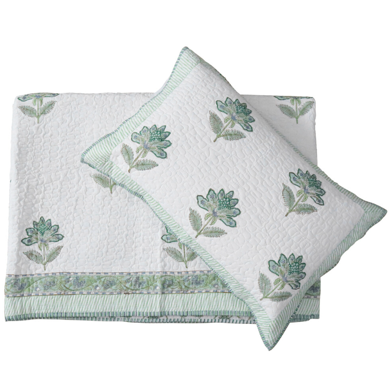 Kaya Hand Block Print Cotton Bedspread Set with quilted seafoam botanical pattern and matching pillow shams for Queen and King beds.