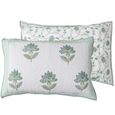 Reverse side of the Kaya Hand Block Print Cotton Bedspread featuring an intricate seafoam botanical vine pattern.