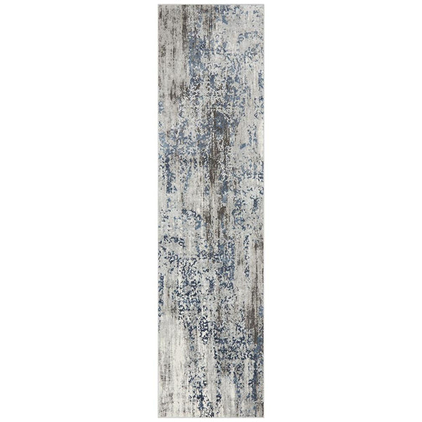 Keira Grey Runner rug featuring a contemporary faded pattern in grey, silver, blue and white tones