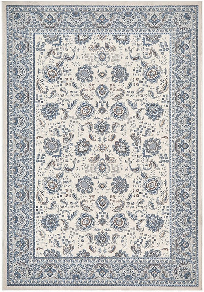 Krista wool rug cream Persian style full view with blue and neutral pattern