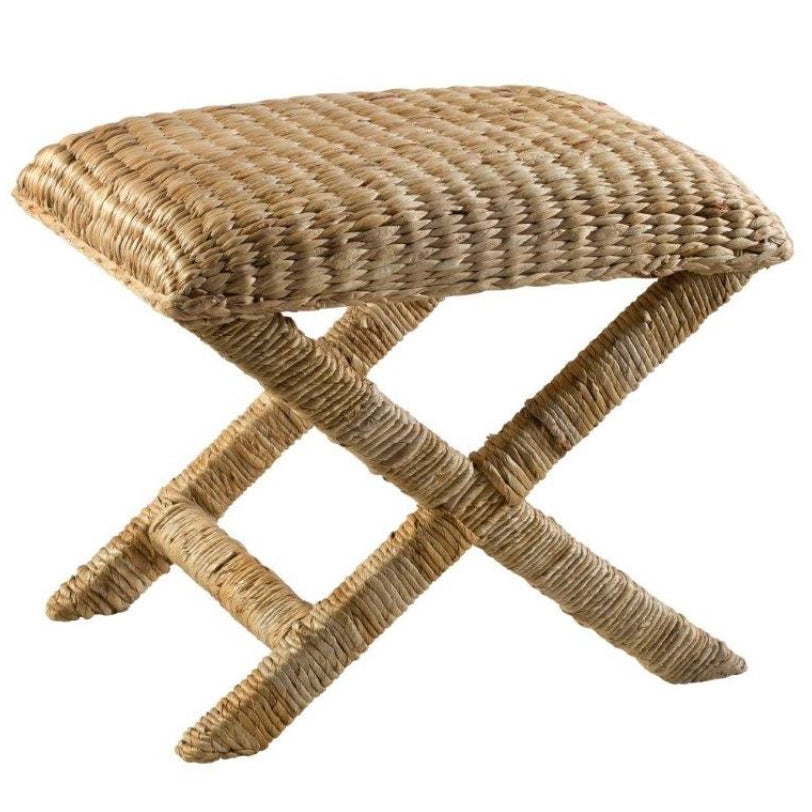 Laguna Cross Leg Stool handcrafted from woven water hyacinth with a natural timber frame for Hamptons and coastal interiors.