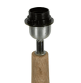 Contemporary light natural timber floor lamp with round base and linen drum shade