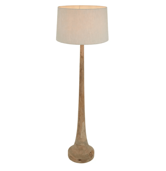 Large Lancia floor lamp in light natural wood with linen drum shade in contemporary living room
