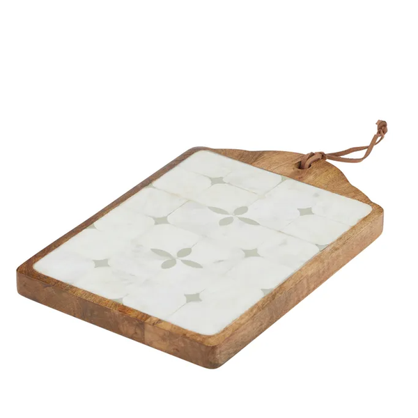 Laurel marble and wood serving board with decorative inlay