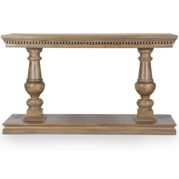 Front view of the Laurent Console Table in Mud Grey by Wisteria Design, handcrafted from solid mango timber with turned pedestal legs, decorative dentil moulding and a spacious lower display shelf, ideal for Hamptons and classic interiors.