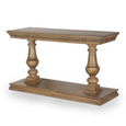 Laurent Console Table in Mud Grey handcrafted from solid mango timber featuring turned pedestal legs and a lower display shelf.